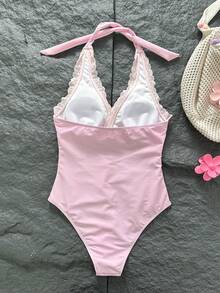 SHEIN Swim Mod Women's Pink Embroidered Halter Tight Fit Sexy Beach One Piece Swimsuit, Summer - Pink - View 8