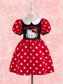 HELLO KITTY AND FRIENDS | SHEIN 少女波点字母卡通印花荷叶边时尚派对外出花瓣袖连衣裙 - 紅色 - 查看 1