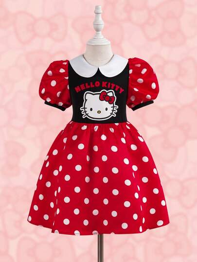 HELLO KITTY AND FRIENDS | SHEIN 少女波点字母卡通印花荷叶边时尚派对外出花瓣袖连衣裙