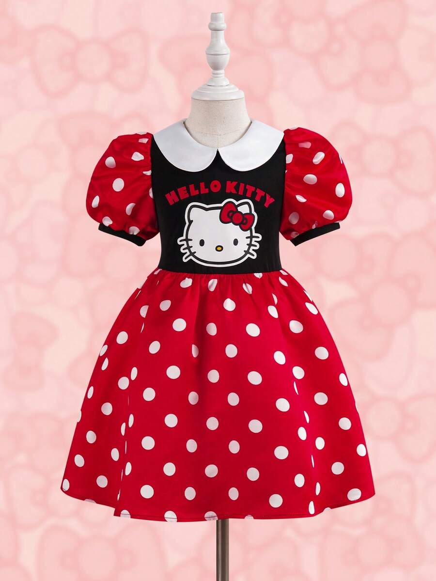 HELLO KITTY AND FRIENDS | SHEIN 少女波点字母卡通印花荷叶边时尚派对外出花瓣袖连衣裙 - 紅色 - 查看 1