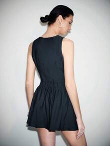 Lumivelle Women's 2-Piece Set, Denim Style Deep V-Neck Cropped Camisole With Tie Strap And A-Line Pleated Mini Skirt, Casual Street Chic Fashion For Daily, Holiday - Dark Green - View 2