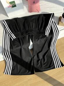 Comfortcana Calça de Moletom Casual com Elástico na Cintura e Estampa de Listras Laterais, Plus Size - Preto e Branco - Visão 3