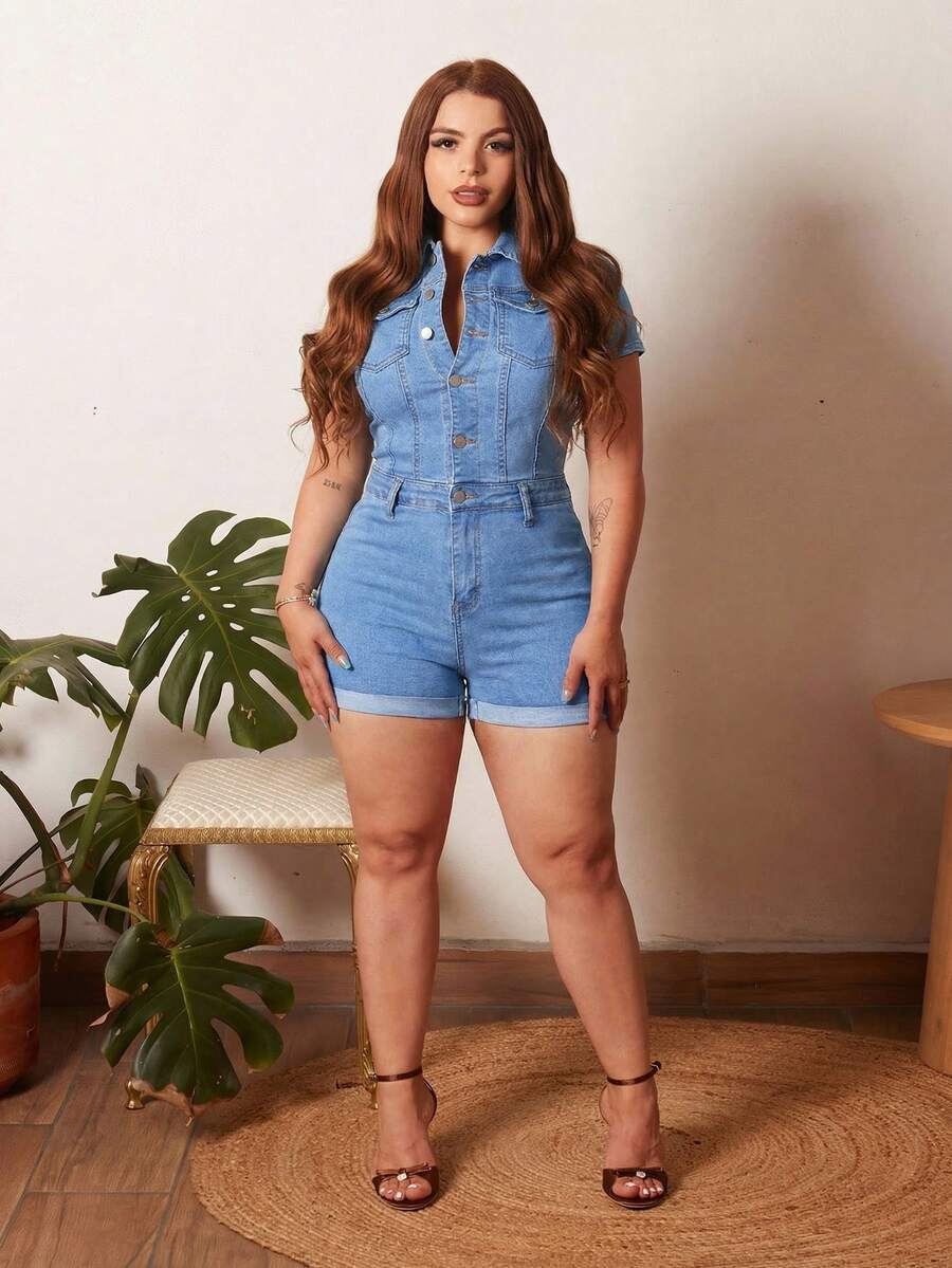 Lupita Cardoza 翻蓋口袋卷邊牛仔連體短褲 - 淺色水洗藍 - 查看 1