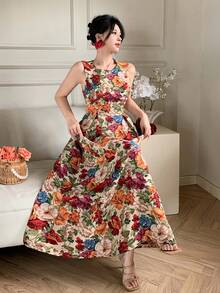 DAZY Women's Elegant Floral Print Round Neck Sleeveless Mid-Length Dress, Summer,Wedding Guest Dress Women Sundress Boho - Red - View 6