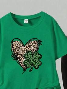 Young Girl Summer Casual Leopard Print, Heart & Clover Graphic T-Shirt And Flare Pants Set - Multicolor - View 5