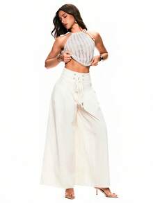 TypaGal 女士纯色系带阔腿宽松休闲裤 - 白色 - 查看 1