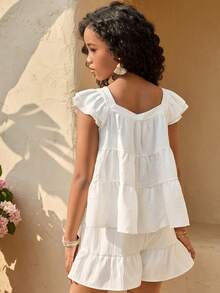 Camisa de manga corta con parches blancos de estilo casual para vacaciones para niñas, tops de primavera/verano, versátil, fresca y enérgica, adecuada para vacaciones, viajes y diversas ocasiones - Blanco - Ver 2