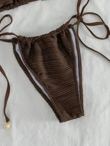 Swim Vcay Bộ bikini 2 mảnh thanh lịch, màu trơn, chất liệu vải có họa tiết, điểm xuyết những hạt ngọc trai không đều, thích hợp cho kỳ nghỉ hè. - Cà phê nâu - Xem 5