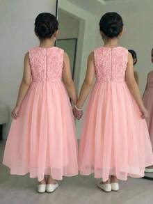 Tween Girl Casual Elegant Mesh Embroidered Jacquard Camisole And Ruched Mesh Dress Set, Pink - Pink - View 2