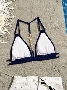 Swim Vcay Women's Summer Beach Solid Color Ruched Halter Tie Sexy Bikini Top - Navy Blue - View 4