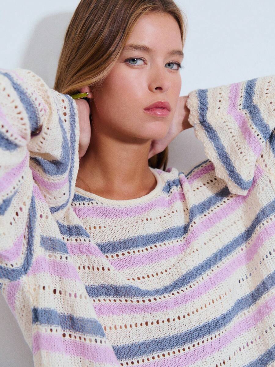 Nöista Open Knit Striped Sweater With Round Neckline And Scalloped Hem, Relaxed Fit. Lightweight Layer Perfect For Spring And Summer Outfits, Easter Styling, Beach Looks, Vacation Wear, And Casual Outfits. - Multicolor - View 1