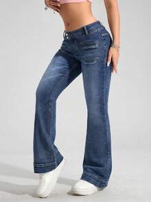 SHEIN 女士时尚休闲哥特暗黑风弹力低腰喇叭牛仔裤 - 深色水洗藍 - 查看 5