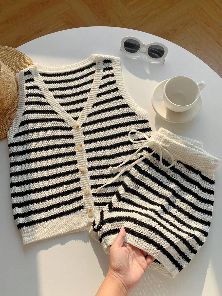 SHEIN EZwear New Summer Festival  Beach Vacation 2pcs Vacation Casual Striped Knit Vest And Shorts Set - Apricot - View 1