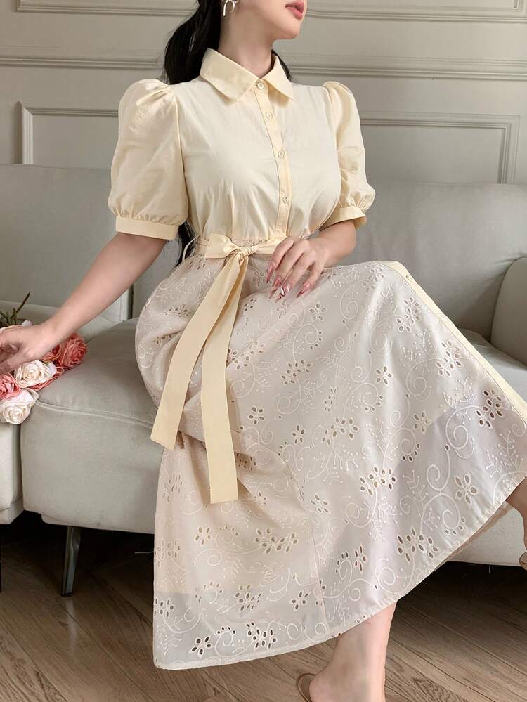 Women's Collared Color Block Embroidered Tie-Waist Midi Dress, Elegant For Party And Outings Sundress