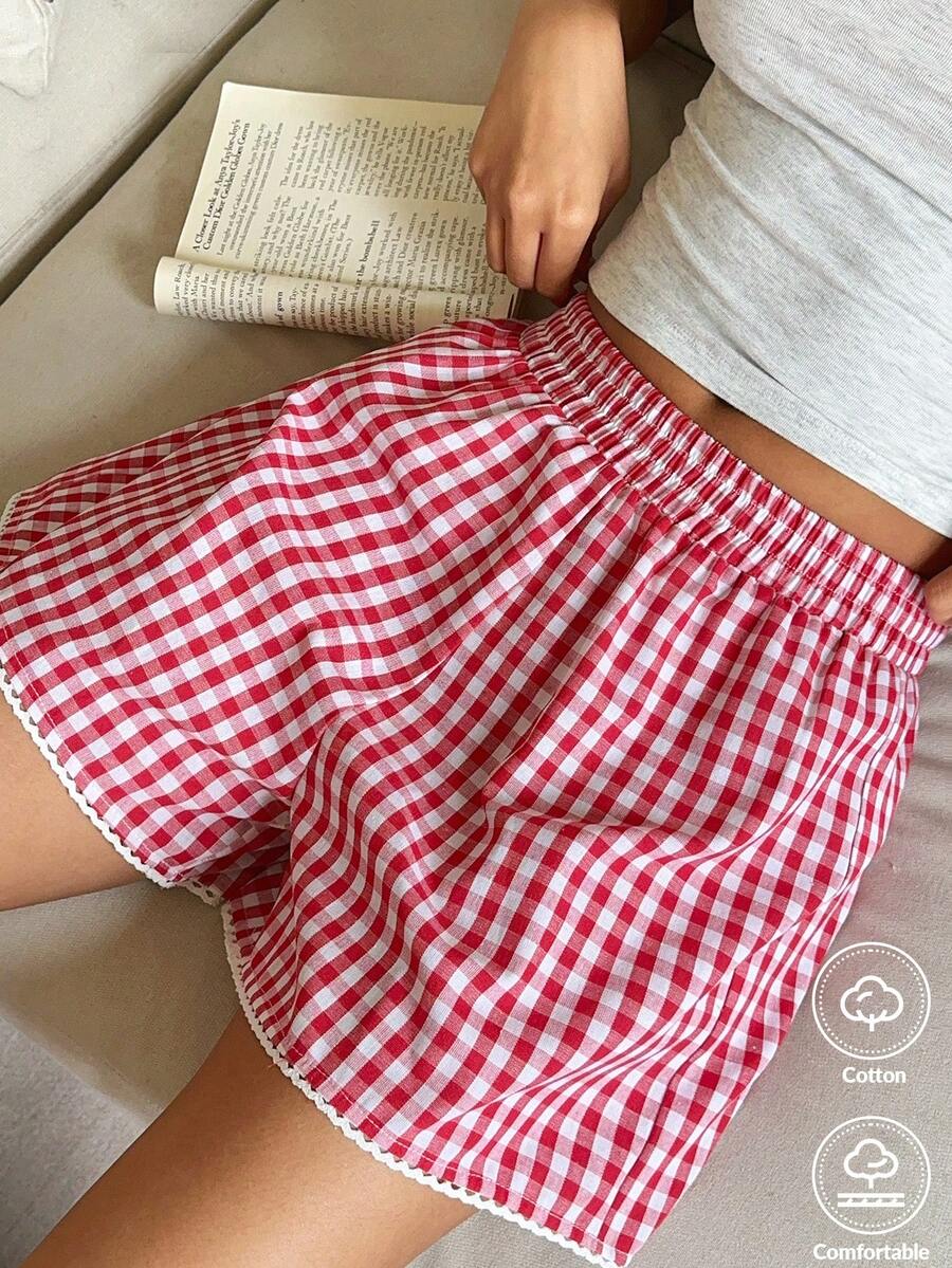 CovetEZ Women's Casual Clothing 2026 New Summer Vacation Home Fashionable Casual Sweet Home Red Plaid Loose Elastic Waist Belt Loose Casual Versatile Shorts - Red and White - View 1