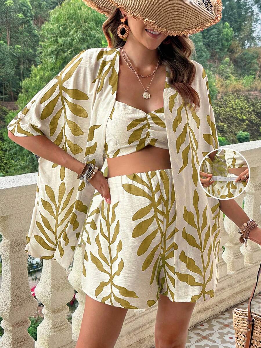 SHEIN 孕妇褶皱吊带背心、宽松短裤和开衫三件套 - 卡其色 - 查看 1