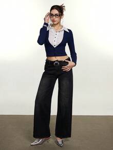 INAWLY Women's Contrast Color 2 In 1 Long Sleeve Top - Multicolor - View 3