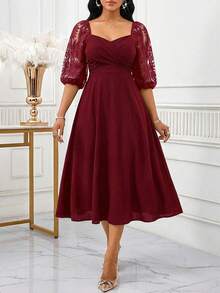 SHEIN Lady Women's Solid Color Pleated Elegant Waist Midi Dress For Party - Burgundy - View 6