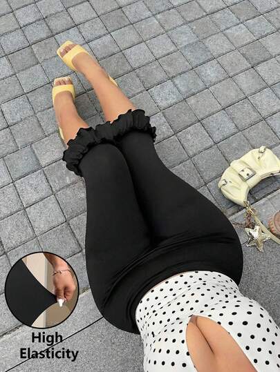 GalTyme Plus Size Casual Versatile Solid Color Ruffle Hem Leggings,For Daily Commute,Date, Commute, Party,Fall /Autumn/Winter/Summer,Christmas,New Year,Thanksgiving,Party,Wedding,Beach,Graduati,Chic,Elegant,Casual,Going Out,Date,Appointment,Commute,Shining,Valentine's Day,Elegant ,Vacation,Casual,Y2k,Going Out,Graduation