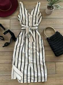 Airaco 女士条纹单排扣系腰中长连衣裙，时尚别致 - 黑與白 - 查看 3