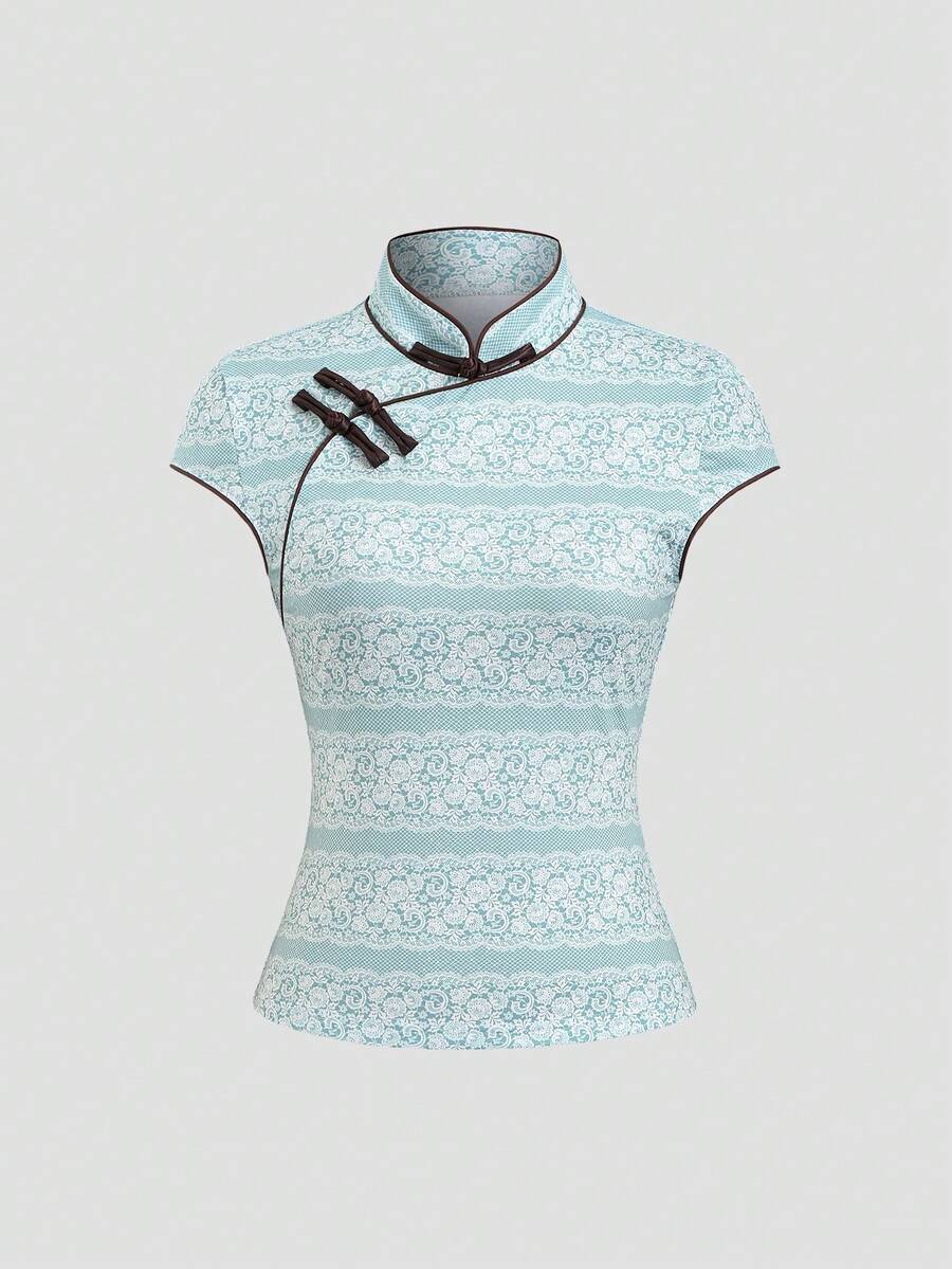 Sweetra Y2K中国风旗袍领优雅上衣 - 彩色 - 查看 1