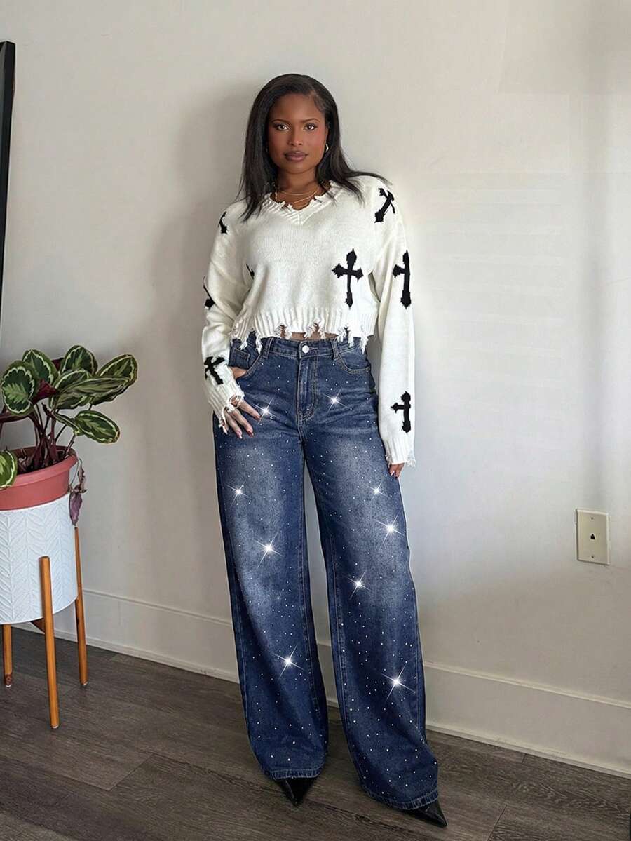 Tyla Gomez Jeans acampanados con lavado retro, ajuste delgado, decorados con escamas de strass, efecto chispeante - Azul lavado oscuro - Ver 1