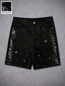 Manfinity Denimwave Men's Summer Black Rhinestone Embellished Loose Wide Leg Denim Shorts - Black - View 1