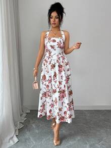 SHEIN Elenzya Women's Elegant Floral Print Backless Halter Dress, Summer - Red and White - View 5