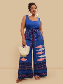 Travachic 大码休闲鱼纹无袖连体裤 - 藏蓝色 - 查看 3