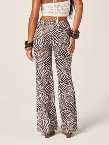 MISSGUIDED Women's Textured Zebra Print Wide Leg Flare Pants With Tie Detail Front High Rise Casual Palazzo Pants - Multicolor - View 3