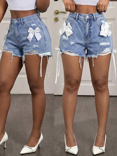 Slaydiva Summer Women's Party Casual Summer Vacation Outfits For Women Pocket Bow Decor Distressed Frayed Hem Denim Shorts
