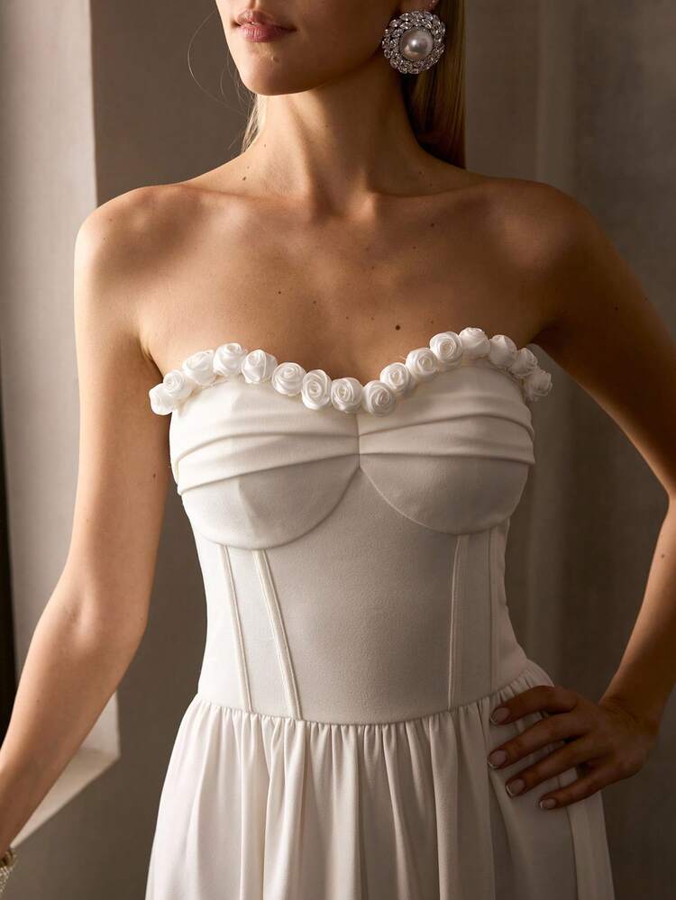 MOTF Soiréza WOMEN'S ELEGANT STRAPLESS A-LINE PARTY DRESS WITH 3D FLORAL EMBELLISHMENTS, HEART-SHAPED CHEST ACCENT & FITTED WAIST – IDEAL FOR NEW YEAR CELEBRATIONS & EVENING EVENTS, WEDDING CEREMONIES, FORMAL GALAS, RED CARPET EVENTS, BLACK TIE DINNERS, AND CHARITY BALLS​ NEW YEAR MATCHING OUTFITS