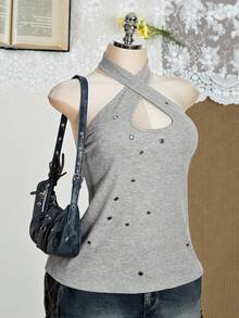 SHEIN ICON Áo tank top nữ cỡ lớn phong cách retro gợi cảm, phá cách, táo bạo, hiện đại, phong cách Y2K, cổ chéo, yếm, trang trí khoen kim loại, màu xám, chất liệu gân. - Xám - Xem 9