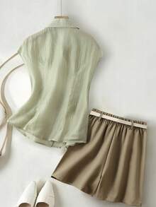 Franclia 新款休闲时尚百搭无袖衬衫短裤两件套 - 彩色 - 查看 2
