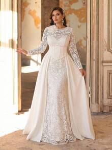 Aureia Plus Size Elegant Luxurious Pearl Beaded Lace Patchwork Elastic Knit Mermaid Maxi Dress, Round Neck Long Sleeve Sheer 3D Floral Decor Trailing Dress, Suitable For Wedding, Party, Holiday, Bridal - White - View 5