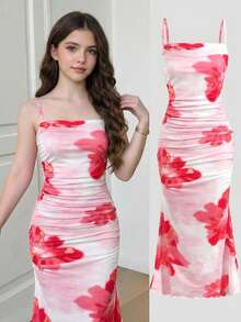 SHEIN Teen Girl Floral Print Ruched Casual Cami Dress - Pink - View 1