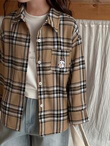 Dazy Kids Áo sơ mi dài tay kẻ caro dáng rộng cho bé gái, thích hợp mùa thu/xuân. - Hồng - Xem 6