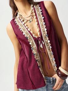 Bohemela Women's Summer Casual Boho Resort Country Style Western Music Festival Retro Knitted Washed Shell Ribbon Decorated Front Center Tie Divided Cardigan A-Line Loose Vest Top, Summer For Women, Party , Going Out Top For Women, Beach For Women , Holiday , Red Top - Purple - View 1