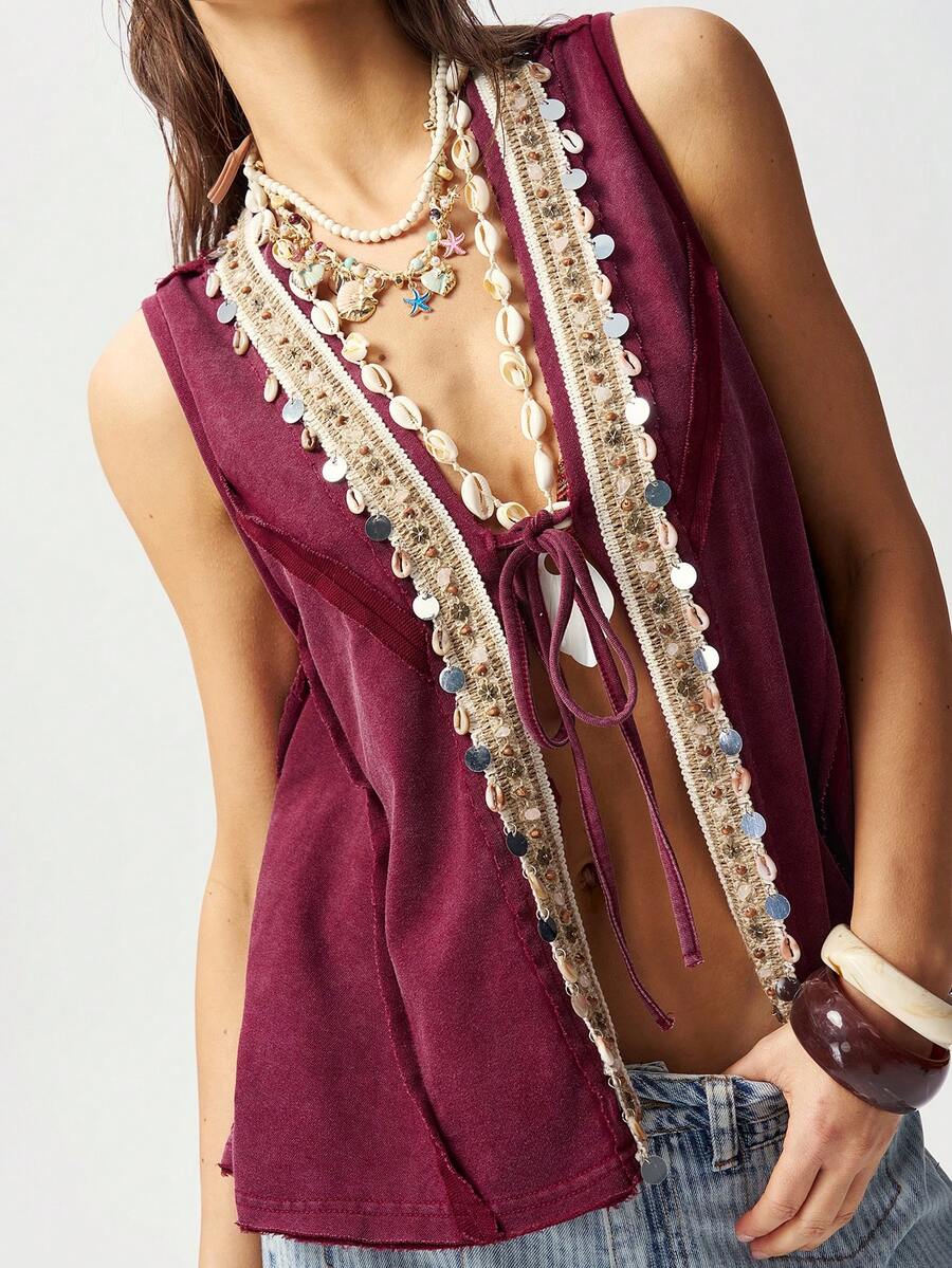 Bohemela Women's Summer Casual Boho Resort Country Style Western Music Festival Retro Knitted Washed Shell Ribbon Decorated Front Center Tie Divided Cardigan A-Line Loose Vest Top, Summer For Women, Party , Going Out Top For Women, Beach For Women , Holiday , Red Top - Purple - View 1