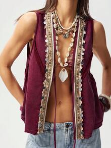 Bohemela Women's Summer Casual Boho Resort Country Style Western Music Festival Retro Knitted Washed Shell Ribbon Decorated Front Center Tie Divided Cardigan A-Line Loose Vest Top, Summer For Women, Party , Going Out Top For Women, Beach For Women , Holiday , Red Top - Purple - View 5