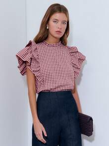Nöista Pink Checkered Top With Flutter Sleeves Features Ruffled A Stand-Up Collar, And Pattern, Creating Sweet Retro Style. - Blue - View 3