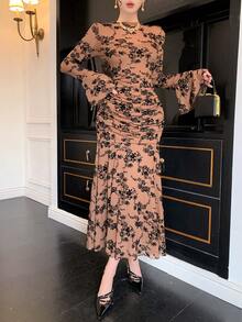 Brown Flocked Mesh Floral Print Lace Dress, Elegant Fit & Flare Midi Dress With Flare Sleeves, Suitable For Wedding, Party, Music Festival, Commute, Spring & Summer - Brown - View 6