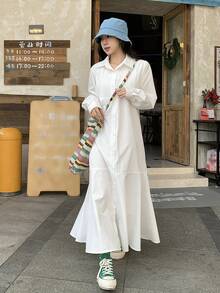 DAZY Women's Solid Color Collared Pleated Casual Everyday Commute Long Dress Sundress - Light Yellow - View 1