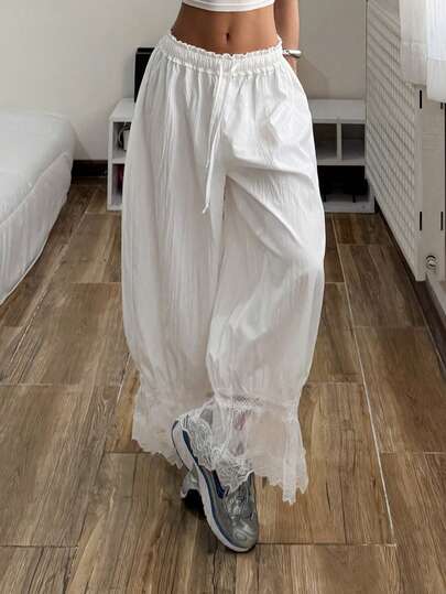 Muchica Women's Solid Color Frill Trim Drawstring Waist Contrast Lace Wide Leg Pants