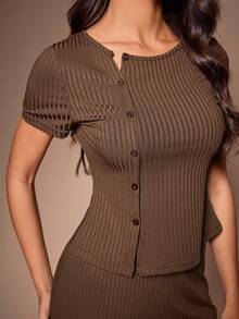 Lazeform 2 Stücke Damen Lässig Loungewear Set, einfarbiges geripptes asymmetrisches Kurzarm T-Shirt und gerade Hose - Kaffeebraun - Übersicht 6