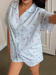 Napfluff 蓝色条纹爱心印花短袖开衫和短裤宽松女式睡衣套装 - 藍色 - 查看 6