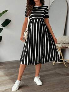 SHEIN Robe de maternité rayée à col rond, décontractée, pour tous les jours et les fêtes - Noir - Voir 4