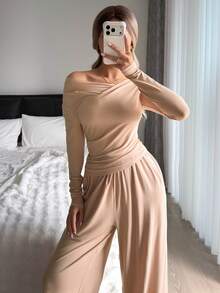 DAZY Minimalist Knit Draped Neck Fitted Top And Wide Leg Pants Women Loungewear Set - Camel - View 7