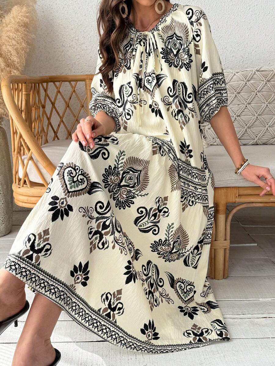 Vivie Lora Women's Loose Fit Round Neck Vacation Style Mid-Length Dress - Black and White - View 1