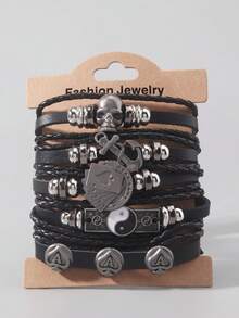 ROMWE Grunge Punk 5 件套哥特式 Diablo 复古骷髅头，时尚嘻哈摇滚男士手链，女士手链，理想礼物。 - 黑色-B - 查看 1